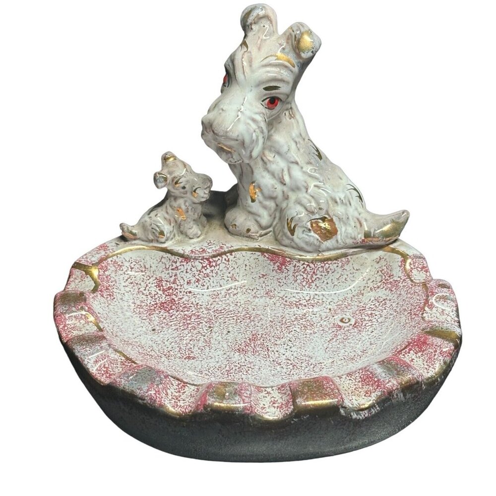 Vintage Scottie Schnauzer Dog Ceramic Ashtray Retro Pink Gold White Trinket Tray - Picture 2 of 14